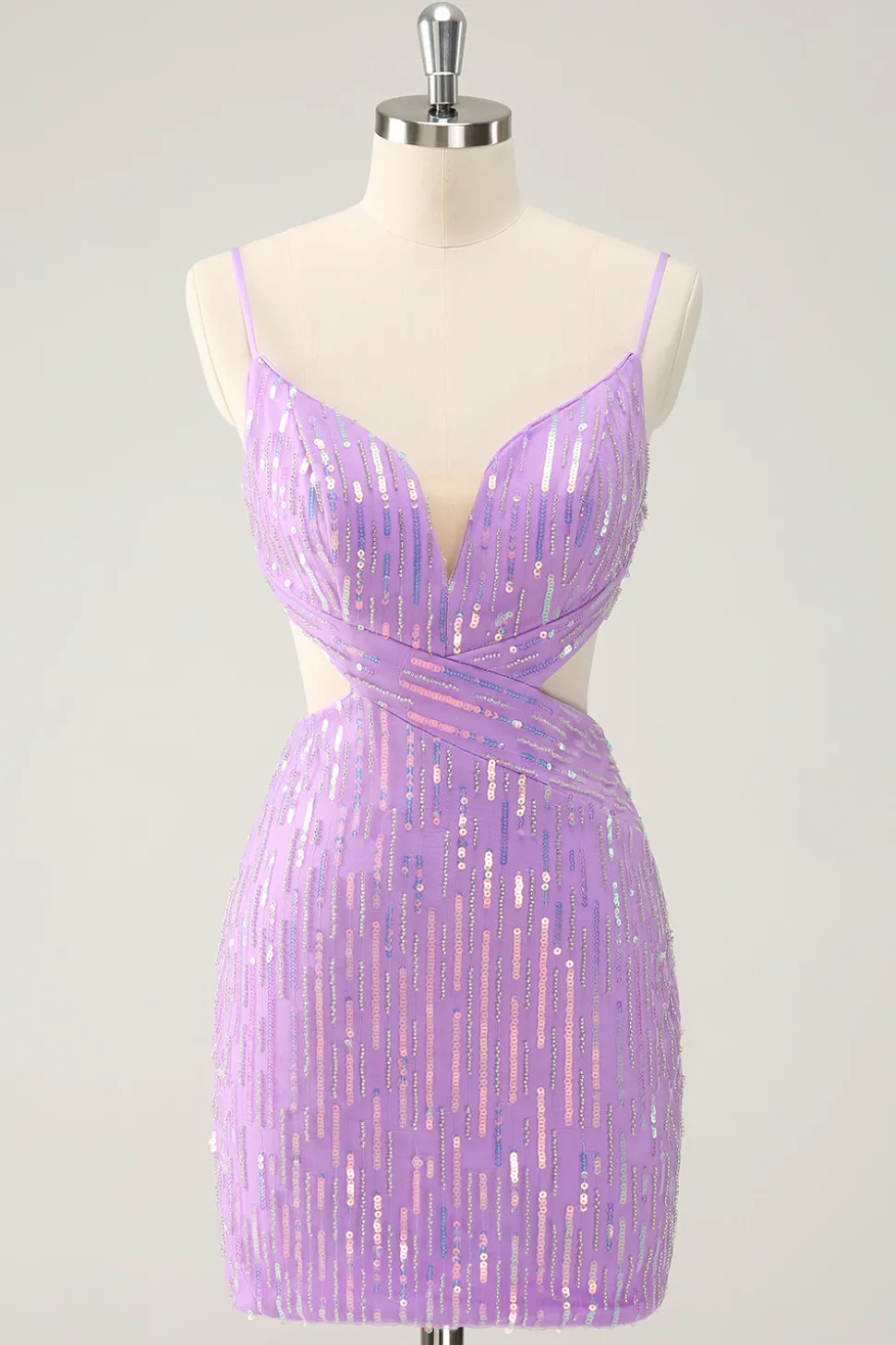 Glitter roxo apertado Sequined V pescoço curto Homecoming Dress