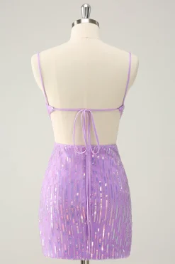 Glitter roxo apertado Sequined V pescoço curto Homecoming Dress