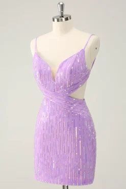 Glitter roxo apertado Sequined V pescoço curto Homecoming Dress