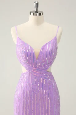 Glitter roxo apertado Sequined V pescoço curto Homecoming Dress