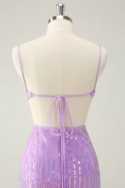 Glitter roxo apertado Sequined V pescoço curto Homecoming Dress