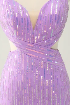 Glitter roxo apertado Sequined V pescoço curto Homecoming Dress