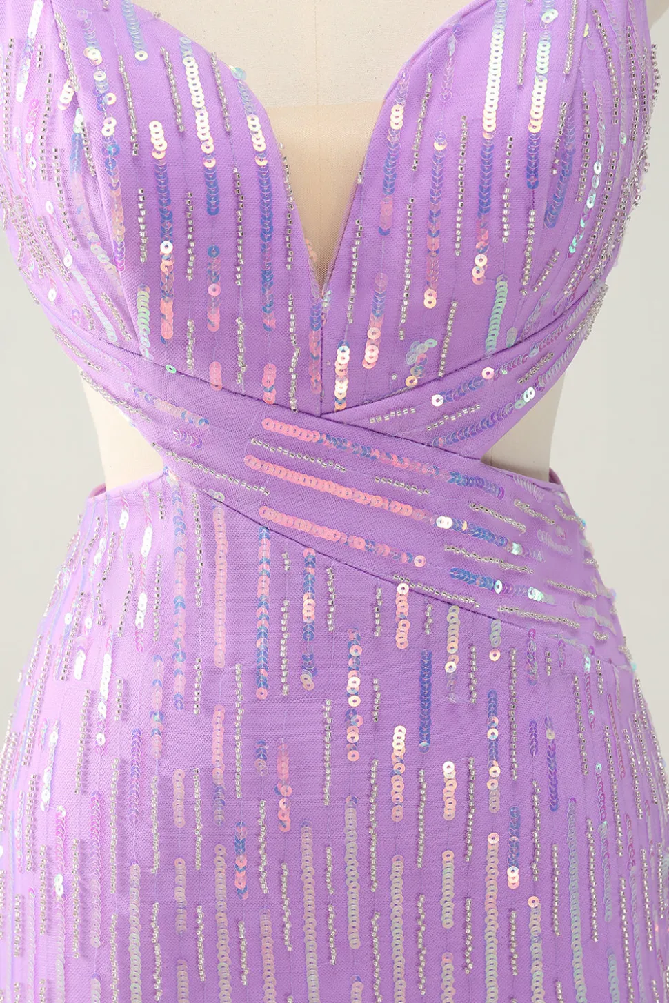 Glitter roxo apertado Sequined V pescoço curto Homecoming Dress