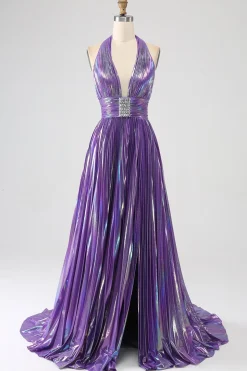 Glitter roxo plissado metálico longo vestido de baile com fenda