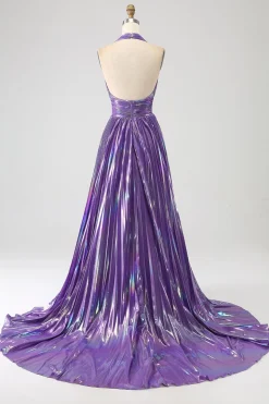 Glitter roxo plissado metálico longo vestido de baile com fenda
