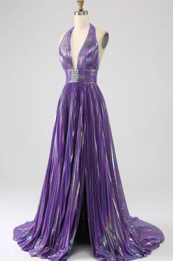 Glitter roxo plissado metálico longo vestido de baile com fenda