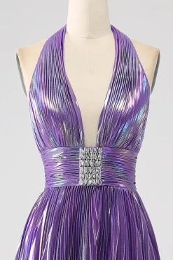 Glitter roxo plissado metálico longo vestido de baile com fenda