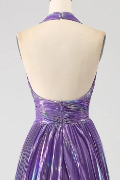 Glitter roxo plissado metálico longo vestido de baile com fenda