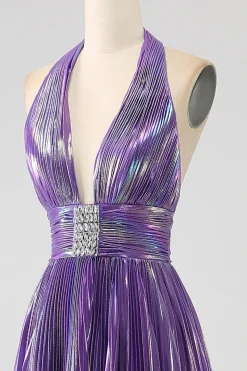 Glitter roxo plissado metálico longo vestido de baile com fenda