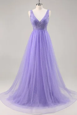 Glitter roxo uma linha longo vestido de baile com frisos
