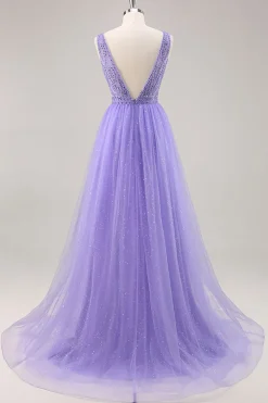 Glitter roxo uma linha longo vestido de baile com frisos