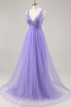 Glitter roxo uma linha longo vestido de baile com frisos