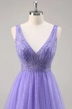Glitter roxo uma linha longo vestido de baile com frisos