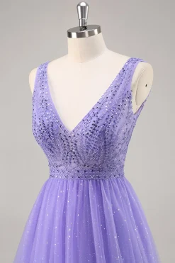 Glitter roxo uma linha longo vestido de baile com frisos