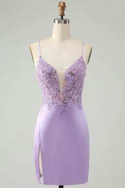 Glitter Roxo V Pescoço Apertado Sequined Appliques Homecoming Dress