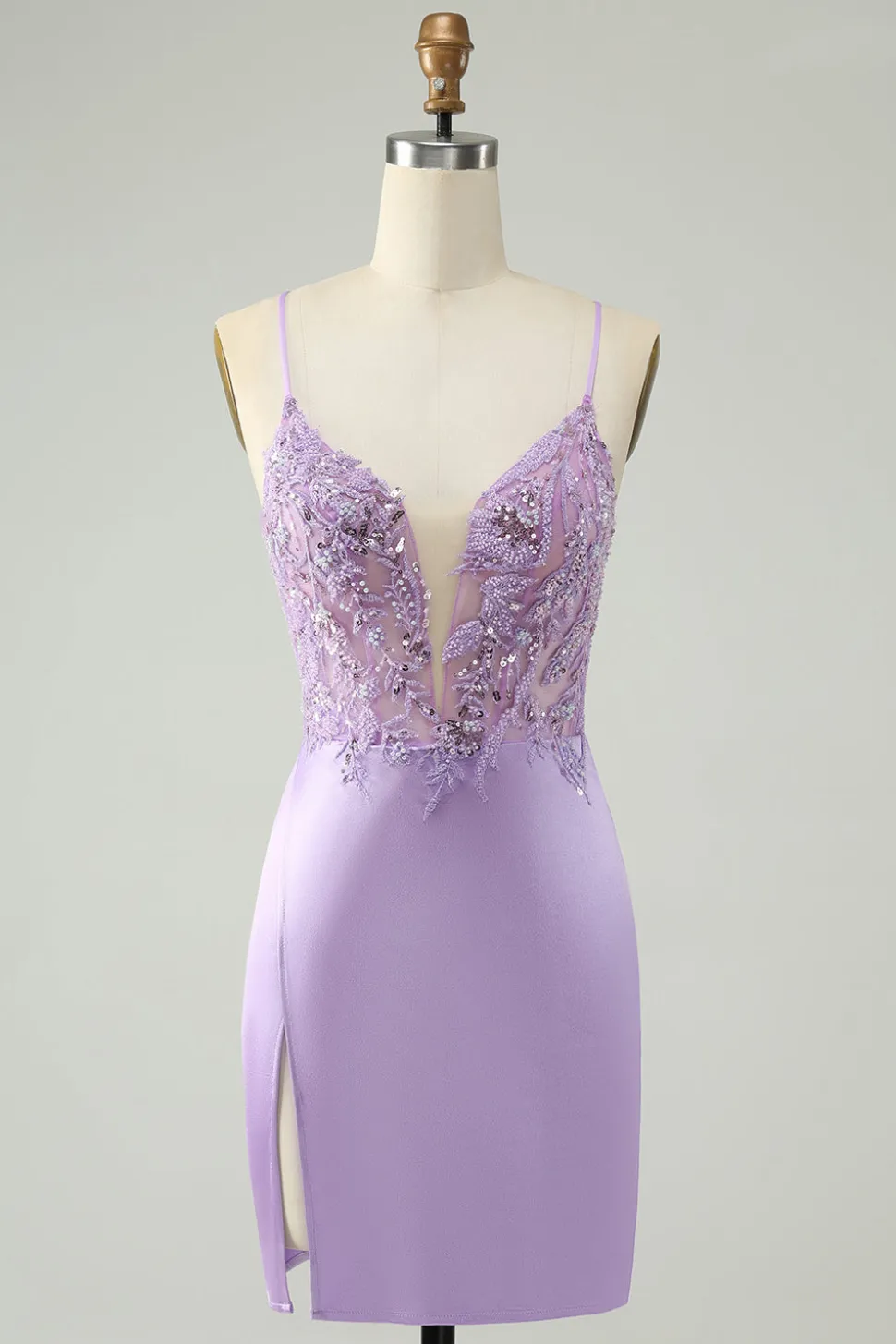 Glitter Roxo V Pescoço Apertado Sequined Appliques Homecoming Dress