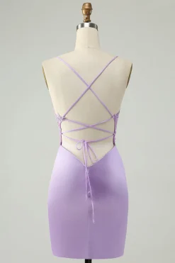 Glitter Roxo V Pescoço Apertado Sequined Appliques Homecoming Dress