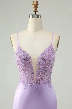 Glitter Roxo V Pescoço Apertado Sequined Appliques Homecoming Dress