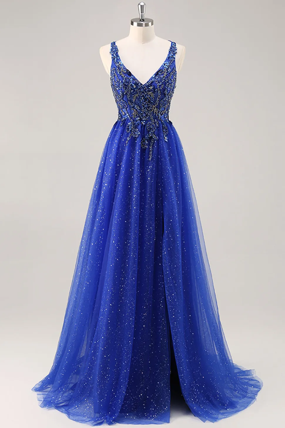 Glitter Royal Blue Beaded Uma Linha Long Prom Dress com Fenda