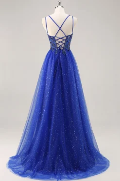 Glitter Royal Blue Beaded Uma Linha Long Prom Dress com Fenda