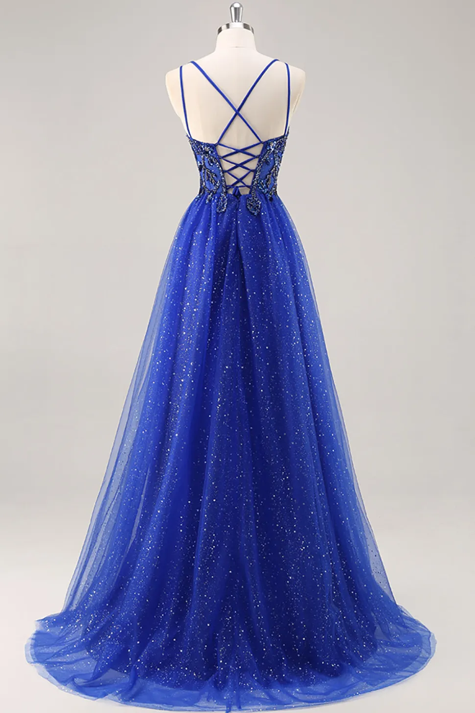 Glitter Royal Blue Beaded Uma Linha Long Prom Dress com Fenda