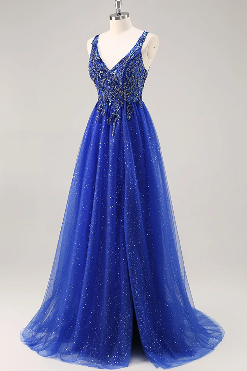 Glitter Royal Blue Beaded Uma Linha Long Prom Dress com Fenda