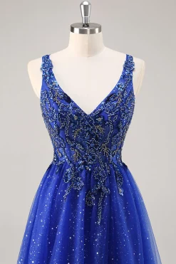 Glitter Royal Blue Beaded Uma Linha Long Prom Dress com Fenda