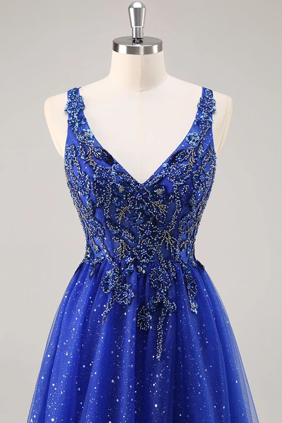 Glitter Royal Blue Beaded Uma Linha Long Prom Dress com Fenda