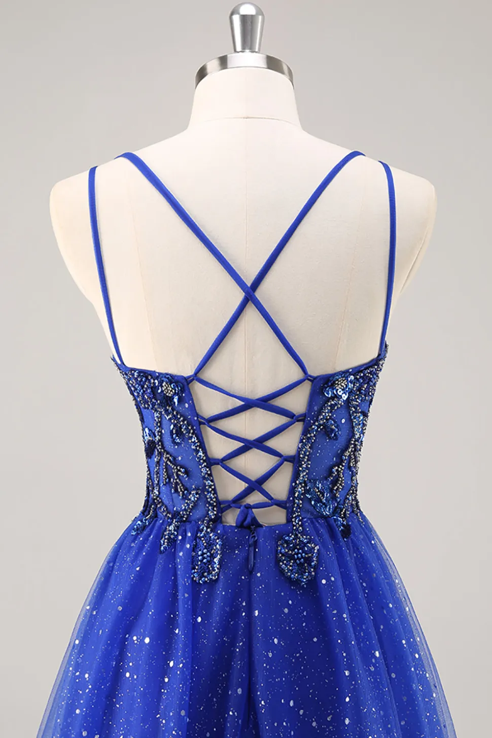 Glitter Royal Blue Beaded Uma Linha Long Prom Dress com Fenda
