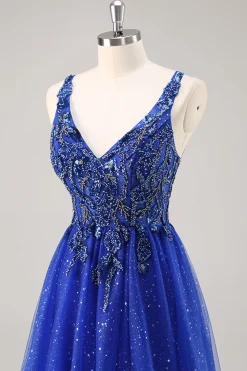 Glitter Royal Blue Beaded Uma Linha Long Prom Dress com Fenda