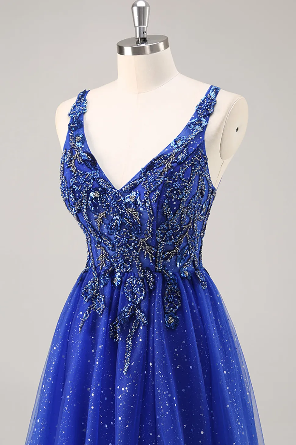 Glitter Royal Blue Beaded Uma Linha Long Prom Dress com Fenda