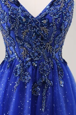 Glitter Royal Blue Beaded Uma Linha Long Prom Dress com Fenda