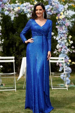 Glitter Royal Blue Beads V Pescoço Mangas Longas Bainha plissada Mãe do Vestido da Noiva