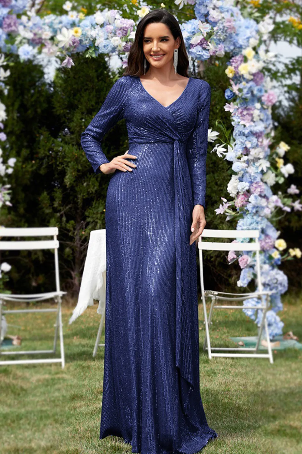 Glitter Royal Blue Beads V Pescoço Mangas Longas Bainha plissada Mãe do Vestido da Noiva