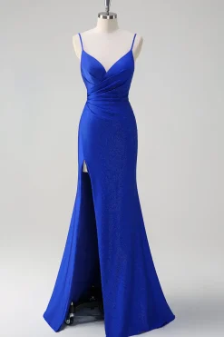 Glitter Royal Blue Mermaid Espaghetti Straps Ruched Long Prom Dress With Slit