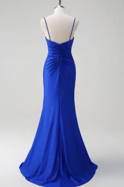 Glitter Royal Blue Mermaid Espaghetti Straps Ruched Long Prom Dress With Slit