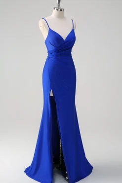 Glitter Royal Blue Mermaid Espaghetti Straps Ruched Long Prom Dress With Slit