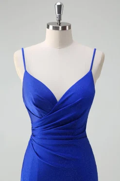 Glitter Royal Blue Mermaid Espaghetti Straps Ruched Long Prom Dress With Slit