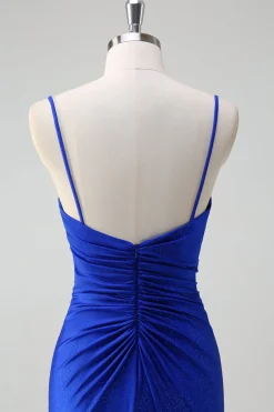Glitter Royal Blue Mermaid Espaghetti Straps Ruched Long Prom Dress With Slit