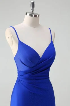 Glitter Royal Blue Mermaid Espaghetti Straps Ruched Long Prom Dress With Slit