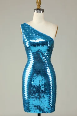 Glitter Royal Blue One Shoulder Sequins Vestido Hoco Apertado