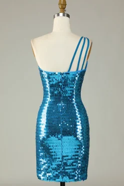 Glitter Royal Blue One Shoulder Sequins Vestido Hoco Apertado