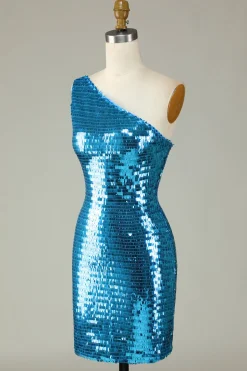 Glitter Royal Blue One Shoulder Sequins Vestido Hoco Apertado