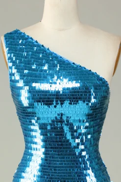 Glitter Royal Blue One Shoulder Sequins Vestido Hoco Apertado