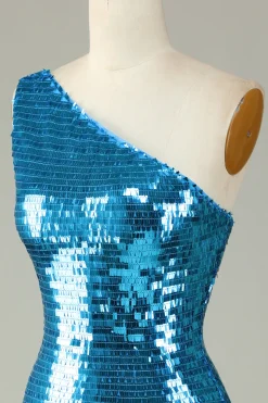 Glitter Royal Blue One Shoulder Sequins Vestido Hoco Apertado