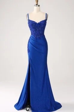 Glitter Royal Blue Sereia Espaghetti Straps Long Prom Dress com Apliques
