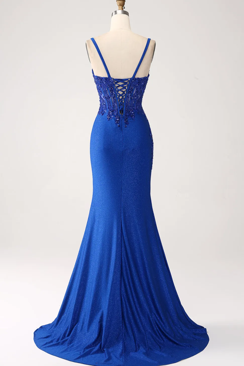 Glitter Royal Blue Sereia Espaghetti Straps Long Prom Dress com Apliques
