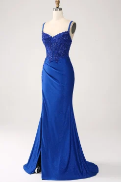 Glitter Royal Blue Sereia Espaghetti Straps Long Prom Dress com Apliques