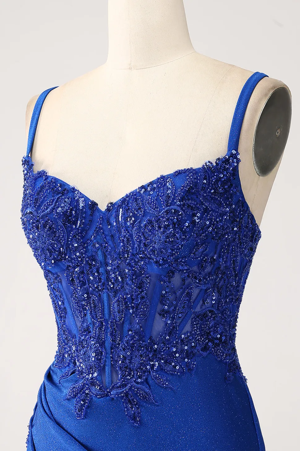 Glitter Royal Blue Sereia Espaghetti Straps Long Prom Dress com Apliques