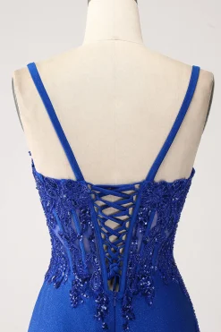 Glitter Royal Blue Sereia Espaghetti Straps Long Prom Dress com Apliques